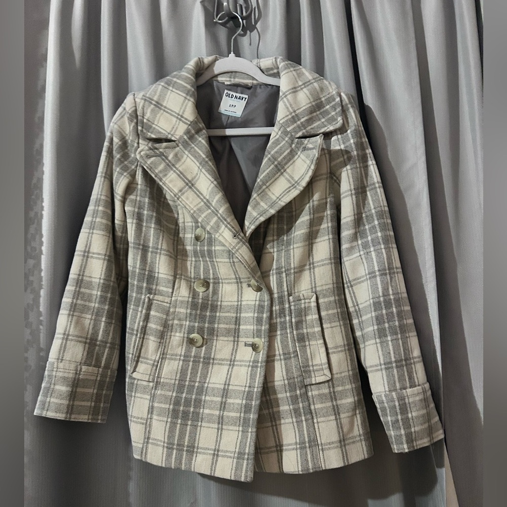 50%offw❤️Old Navy Wool blend plaid grey off white  Pea Coat S